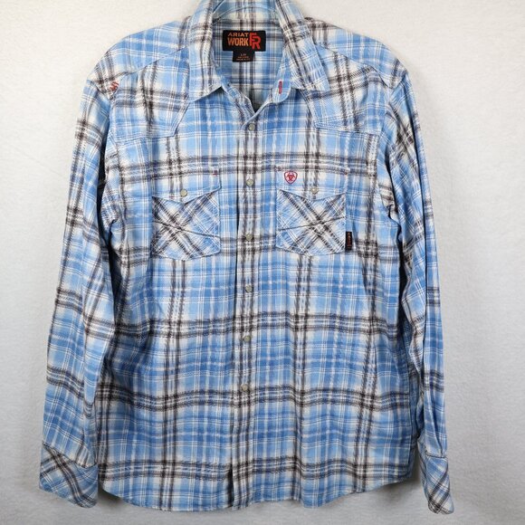 Ariat Flame Resistant Work Shirt Mens L Blue Brown Plaid Snaps CAT 2 - Picture 2 of 11